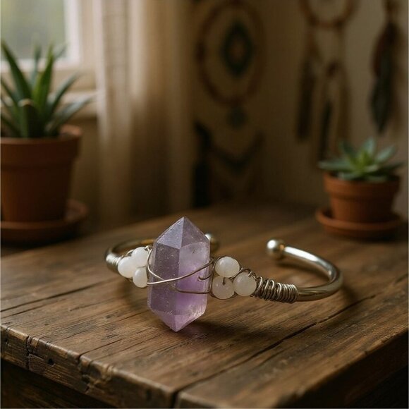 Amethyst & Moonstone ✦ Wire Wrap Cuff ✦ 925 Silver Over Copper w/ Raw Crystal - Picture 12 of 12
